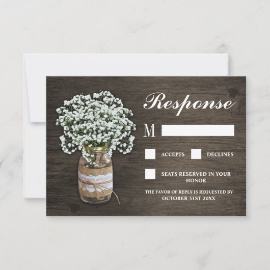 ベビーズブレスバーラップメイソンジャールウェディングRSVPカード 出欠カード (正面)