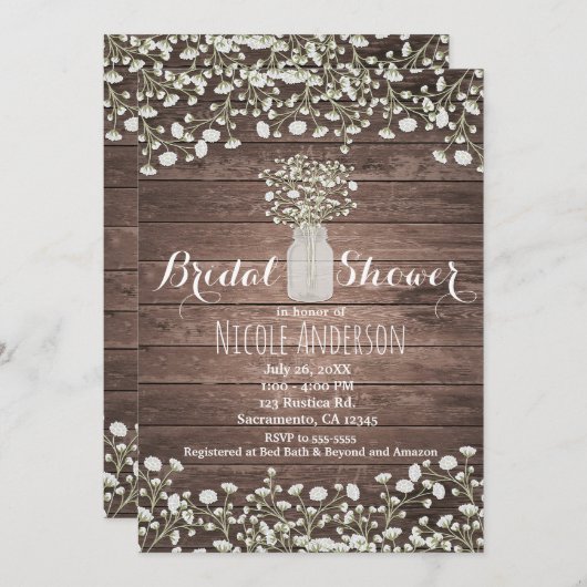 ベビーズブレスフラワーウッド素朴ブライダルシャワー 招待状 (正面/裏面)