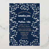 ベビーズブレスフローラネイビーブルーゴールドフォイル結婚ズ 箔招待状 (正面)