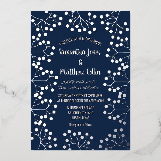 ベビーズブレスフローラネイビーブルーゴールドフォイル結婚ズ 箔招待状 (正面)