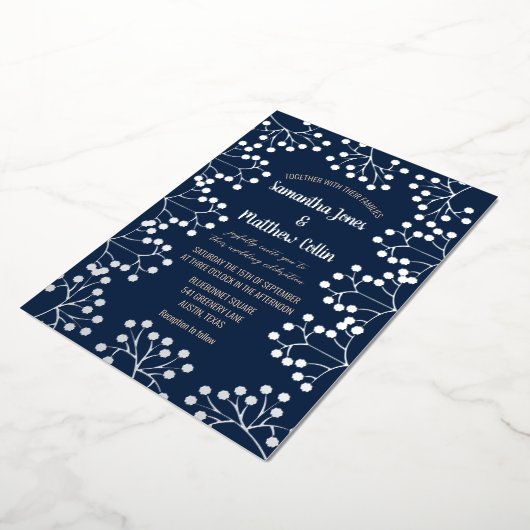 ベビーズブレスフローラネイビーブルーゴールドフォイル結婚ズ 箔招待状 (回転した状態)