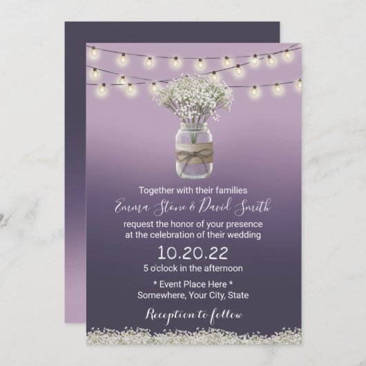 ベビーズブレスフローラパープル素朴グラデーションズ結婚の 招待状 (正面/裏面)