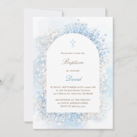 ベビーズブレスホワイトブルー男の赤ちゃんバプテスマ 招待状 (正面)
