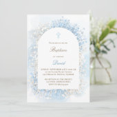 ベビーズブレスホワイトブルー男の赤ちゃんバプテスマ 招待状 (スタンド正面)