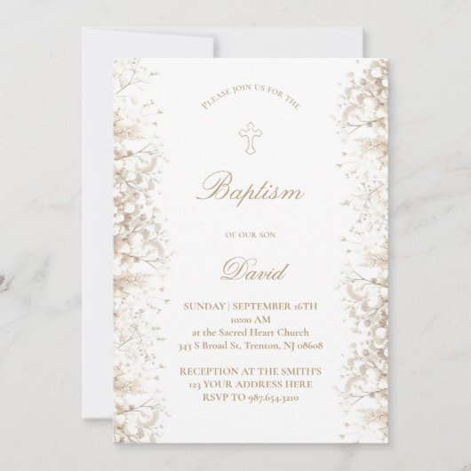 ベビーズブレスホワイト花 | 男の赤ちゃんバプテスマ 招待状 (正面)
