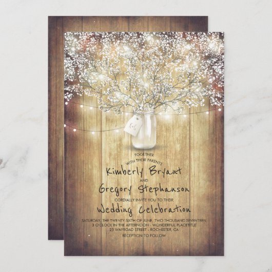 ベビーズブレスメイソンのジャー素朴とヴィンテージの結婚式 招待状 (正面/裏面)