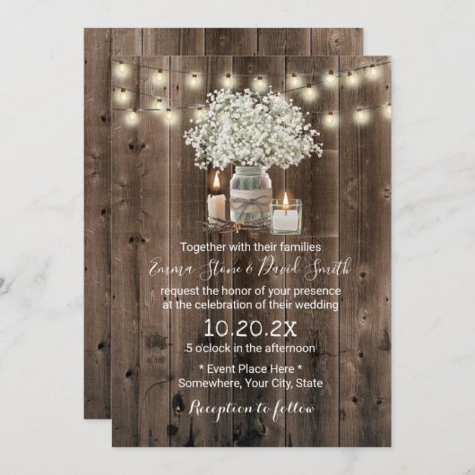 ベビーズブレスメイソンの瓶とキャンドル素朴結婚ズ 招待状 (正面/裏面)