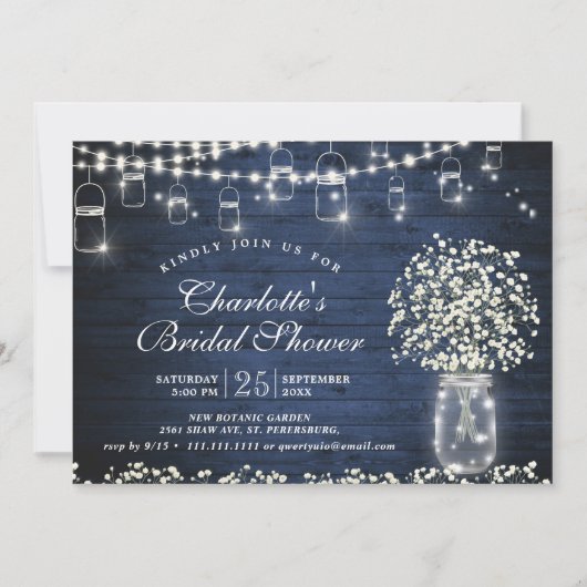 ベビーズブレスメイソンジャーブルー素朴ブライダルシャワー 招待状 (正面)