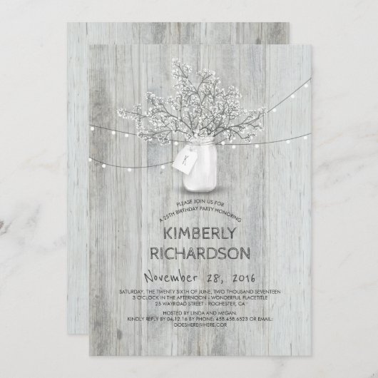 ベビーズブレスメイソンジャール素朴バーンドバースデーパーティー 招待状 (正面/裏面)