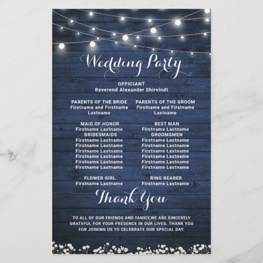 ベビーズブレスメイソン結婚ジャーの式典プログラム (裏面)