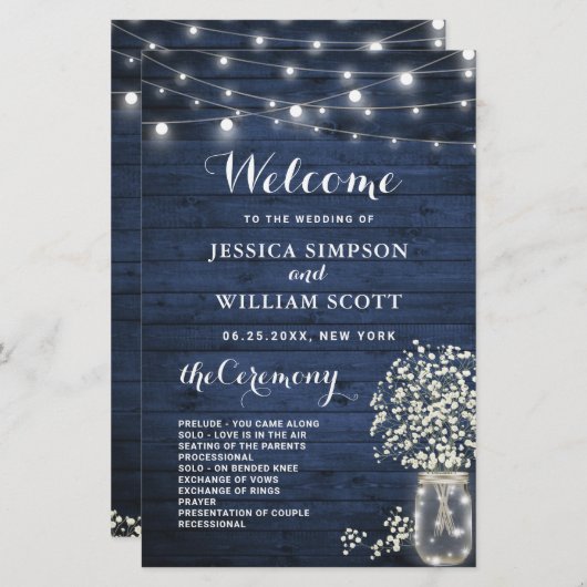 ベビーズブレスメイソン結婚ジャーの式典プログラム (正面/裏面)