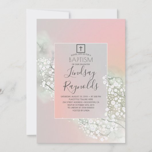 ベビーズブレス赤面ピンクフローラガールズバプテスマ 招待状 (正面)