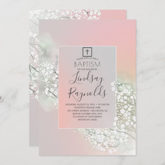 ベビーズブレス赤面ピンクフローラガールズバプテスマ 招待状 (正面/裏面)