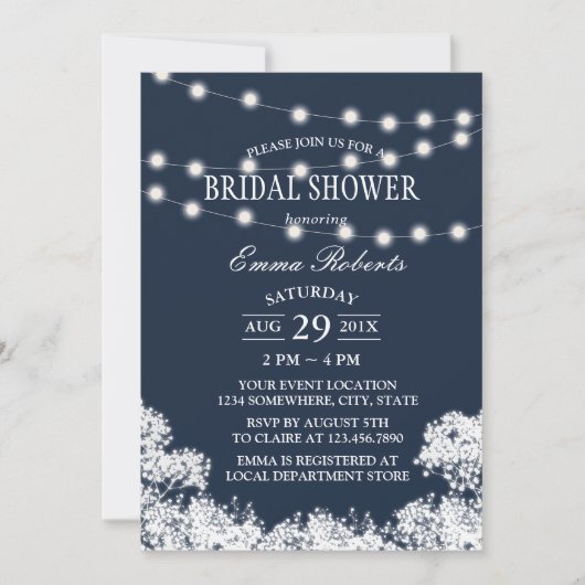 ベビーズブレス&ストリングライツネイビーブライダルシャワー 招待状 (正面)