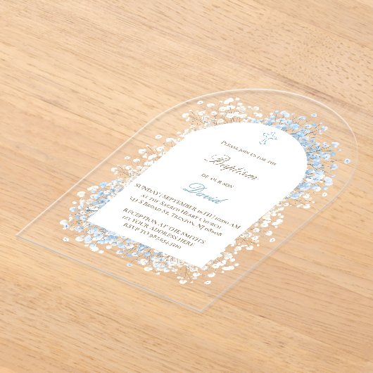 ベビーズブレス 白い青い花 洗礼 アクリル招待状 (レイダウン)