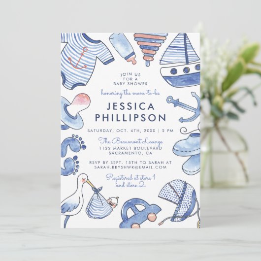 ベビーセーラー|青い水航海の彩のベビーシャワー 招待状 (スタンド正面)
