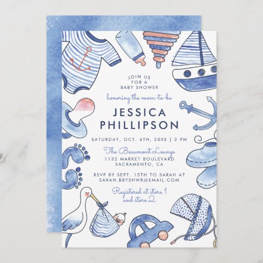 ベビーセーラー|青い水航海の彩のベビーシャワー 招待状 (正面/裏面)