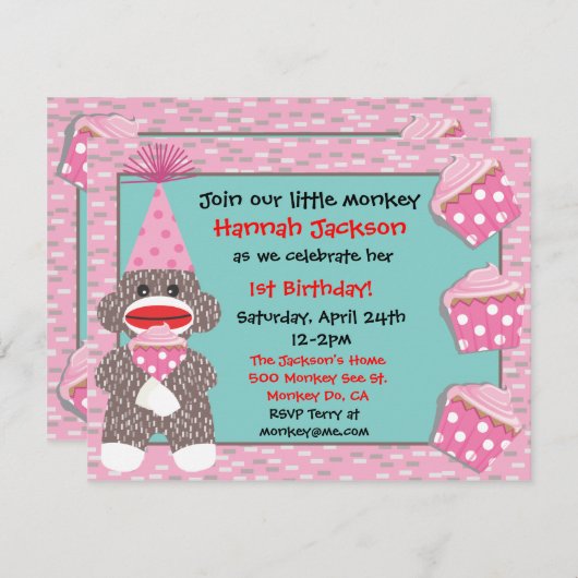 ベビーソックモンキーカップケーキ誕生日パーティーの招待 招待状 (正面/裏面)