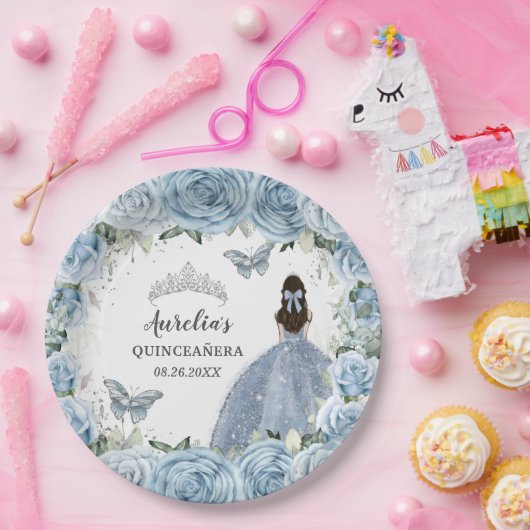 ベビーソフトブルーフローラ蝶シルバープリンセス ペーパープレート (パーティー)