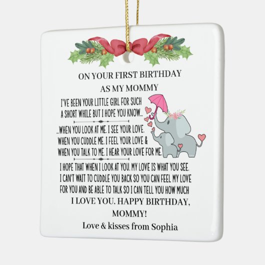 ベビーゾウと母として幸せな1回目の誕生日 セラミックオーナメント (左)