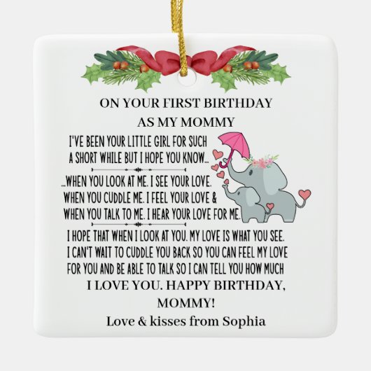 ベビーゾウと母として幸せな1回目の誕生日 セラミックオーナメント (正面)