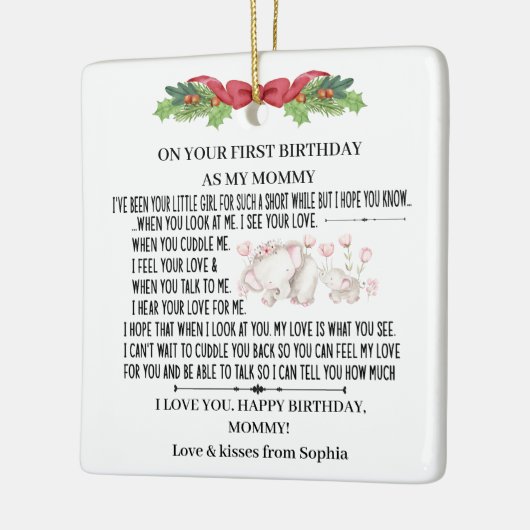 ベビーゾウと母として幸せな1回目の誕生日 セラミックオーナメント (左)