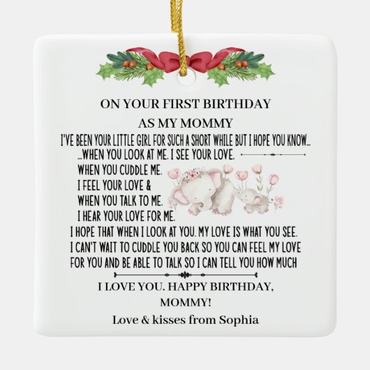 ベビーゾウと母として幸せな1回目の誕生日 セラミックオーナメント (正面)
