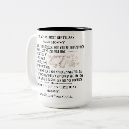 ベビーゾウと母として幸せな1回目の誕生日 ツートーンマグカップ (正面左)