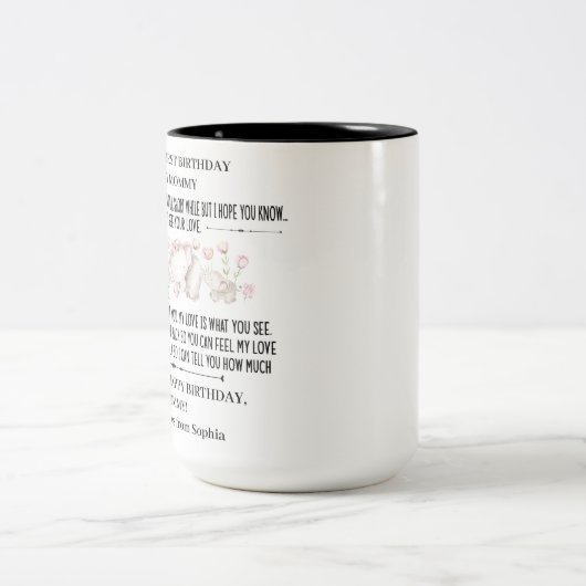 ベビーゾウと母として幸せな1回目の誕生日 ツートーンマグカップ (中央)