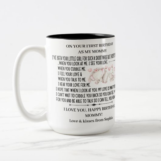 ベビーゾウと母として幸せな1回目の誕生日 ツートーンマグカップ (左)