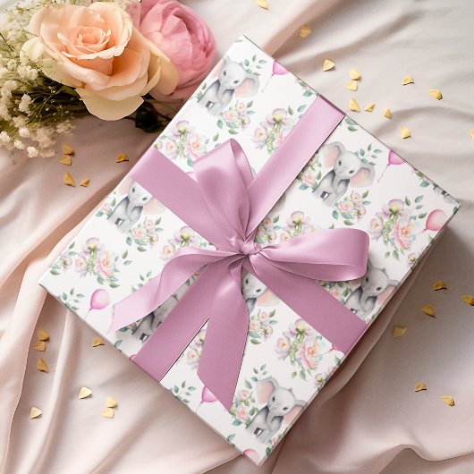 ベビーゾウと牡丹とバルーンベビーシャワー ラッピングペーパー