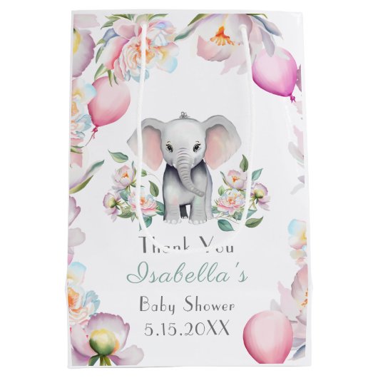 ベビーゾウと牡丹&バルーン赤ちゃんシャワー ミディアムペーパーバッグ (裏面)