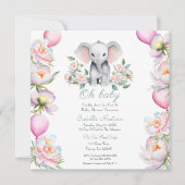 ベビーゾウと牡丹&バルーン赤ちゃんシャワー 招待状 (正面)