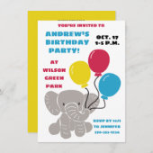 ベビーゾウと風船誕生日パーティー 招待状 (正面/裏面)