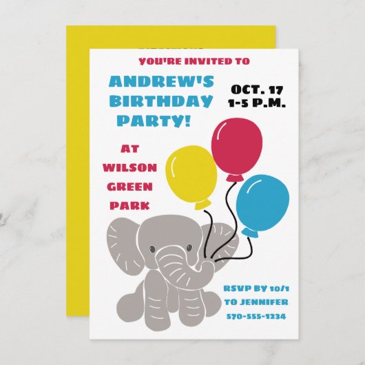 ベビーゾウと風船誕生日パーティー 招待状 (正面/裏面)