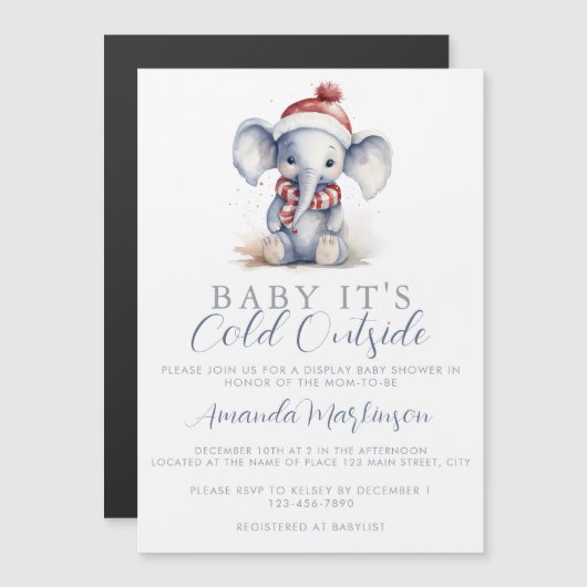 ベビーゾウのクリスマスシャワー外は冷たい マグネット招待状 (正面/裏面)