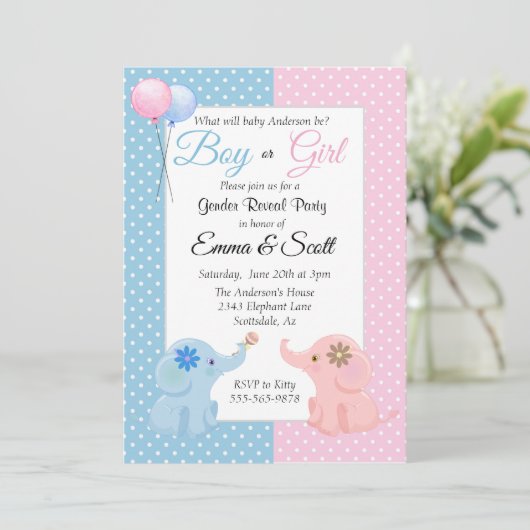 ベビーゾウのピンク青の性別の表示パーティー 招待状 (スタンド正面)