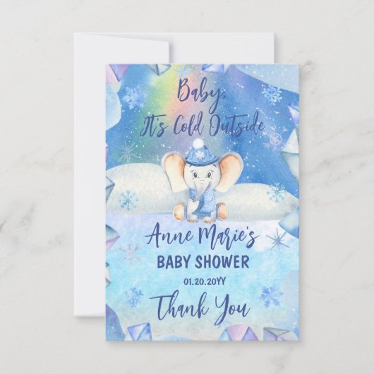 ベビーゾウの外は寒い冬の赤ちゃんシャワー サンキューカード (正面)