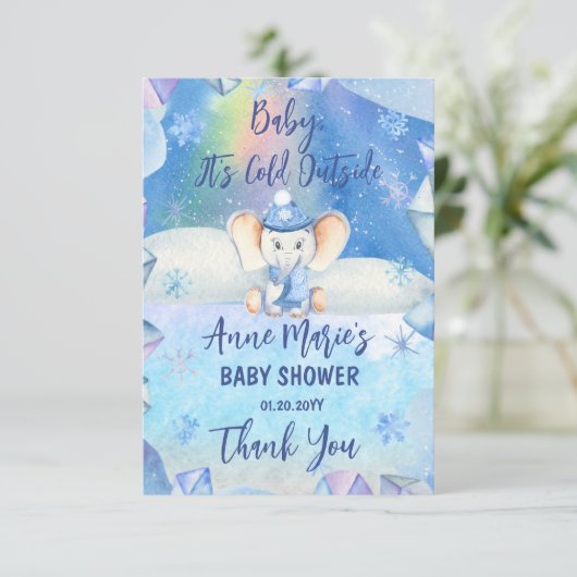 ベビーゾウの外は寒い冬の赤ちゃんシャワー サンキューカード (スタンド正面)