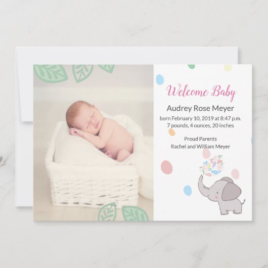 ベビーゾウの誕生のお知らせ 招待状 (正面)