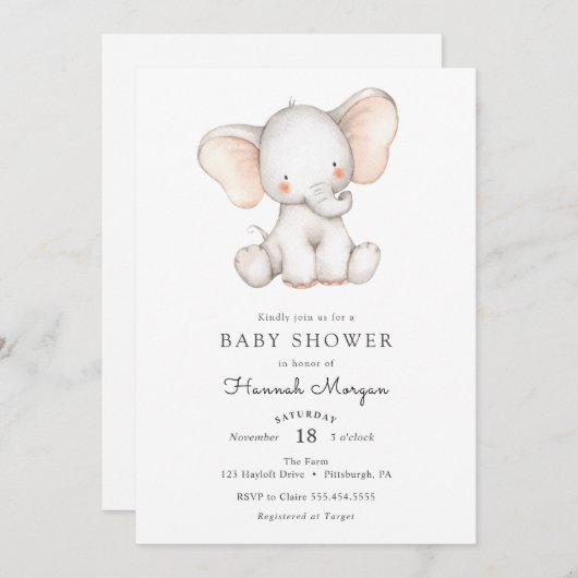 ベビーゾウの赤ちゃんシャワーの招待状 招待状 (正面/裏面)