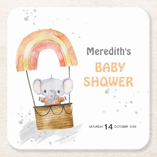ベビーゾウの風船,赤ちゃんシャワー,紙コースター スクエアペーパーコースター (正面)