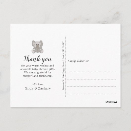 ベビーゾウ弦ハート赤ちゃんシャワーありがとう ポストカード (裏面)