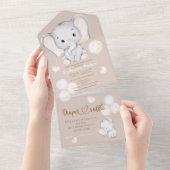 ベビーゾウ水色ベビーシャワー オールインワン招待状 (貼ってはがせる)