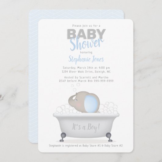 ベビーゾウ泡風呂ボーイベビーシャワー 招待状 (正面/裏面)
