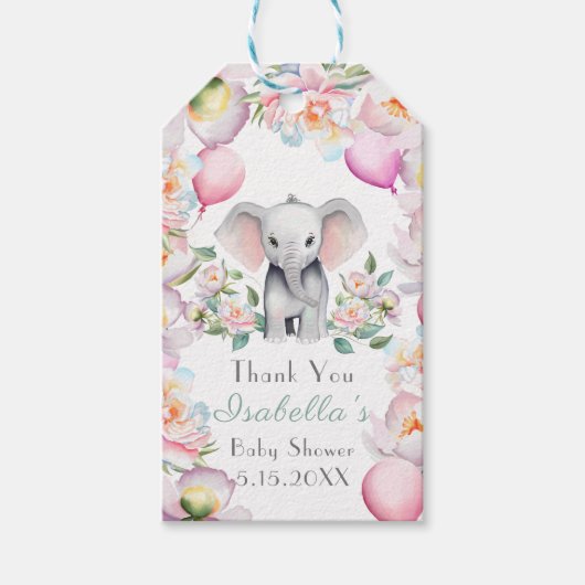 ベビーゾウ牡丹&バルーンありがとう ギフトタグ (正面)