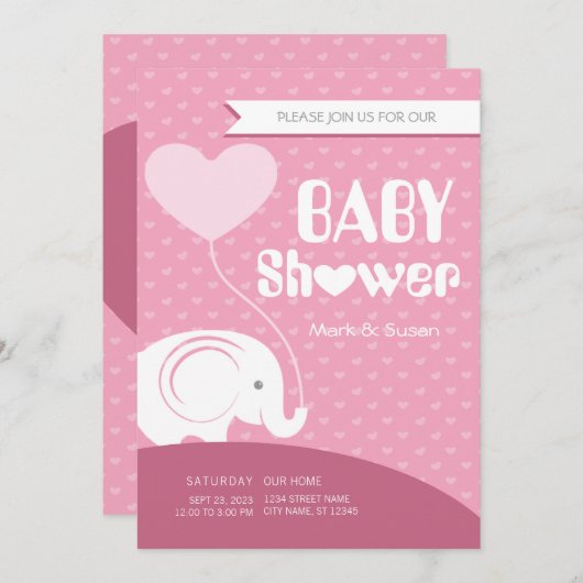ベビーゾウ赤ちゃんガール用ベビーシャワー招待状 招待状 (正面/裏面)