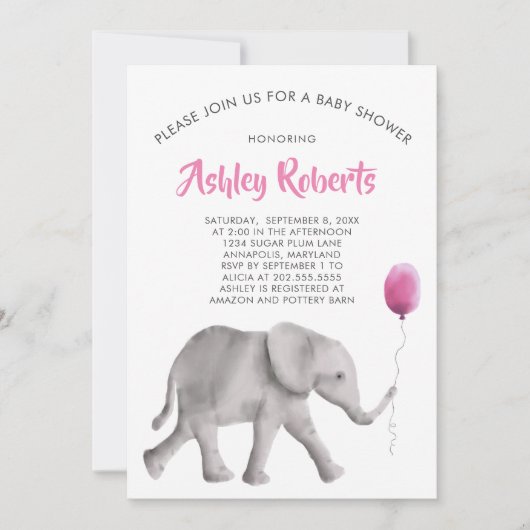 ベビーゾウ赤ちゃんシャワー招待状ピンク&グレー 招待状 (正面)