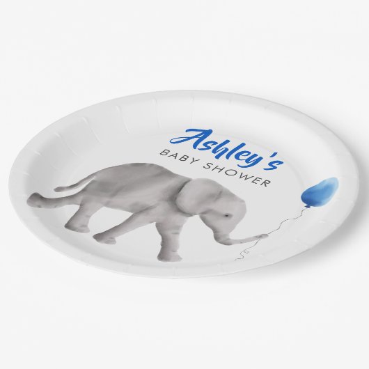 ベビーゾウ赤ちゃんシャワー、ゾウ&ブルーバルーン ペーパープレート (アングル)