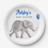 ベビーゾウ赤ちゃんシャワー、ゾウ&ブルーバルーン ペーパープレート (正面)